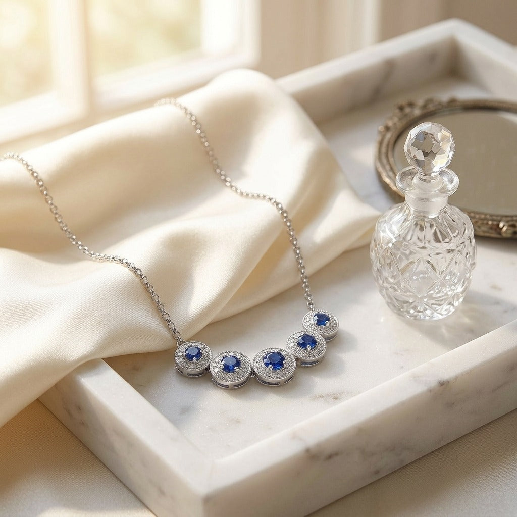 Sapphire and Diamond Graduated Curved Necklace in 14k White Gold — marble silk