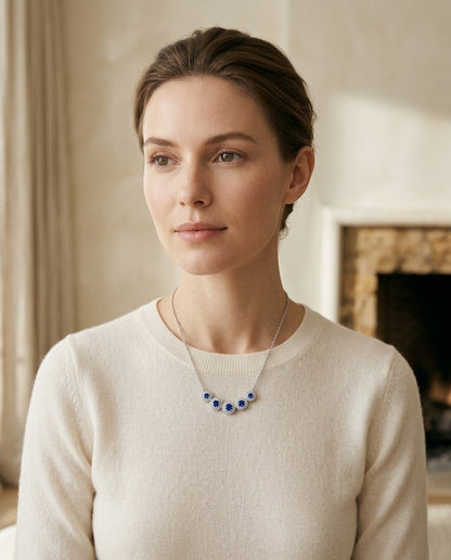 Sapphire and Diamond Graduated Curved Necklace in 14k White Gold — portrait close