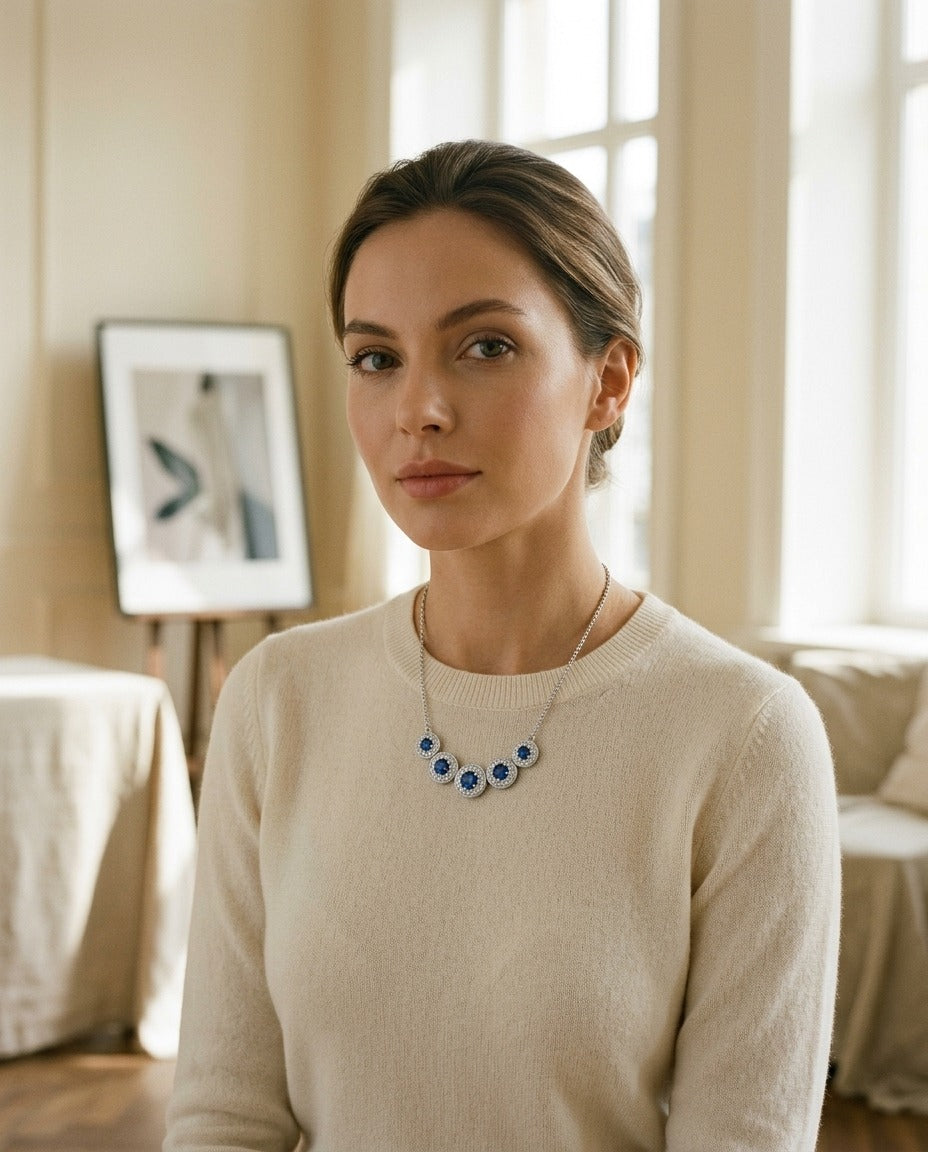 Sapphire and Diamond Graduated Curved Necklace in 14k White Gold — portrait full