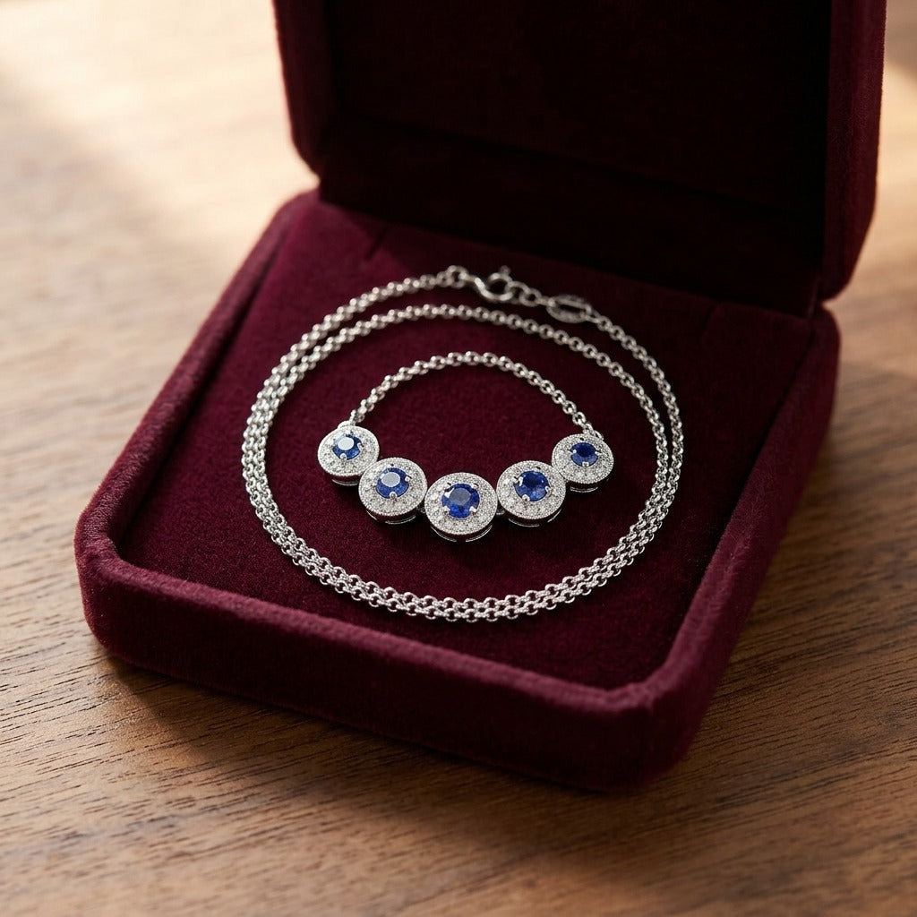 Sapphire and Diamond Graduated Curved Necklace in 14k White Gold — velvet box