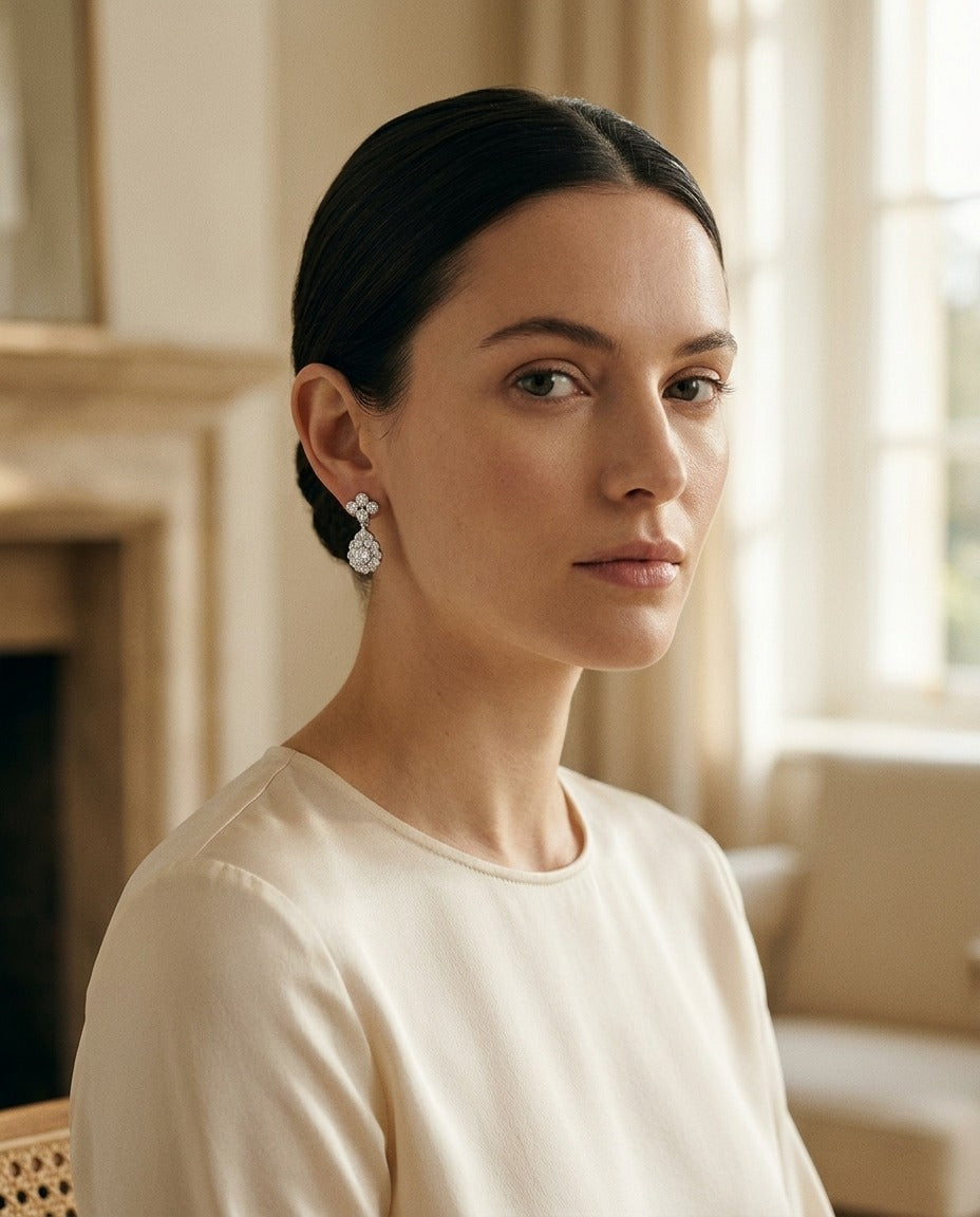 Diamond Cluster Teardrop Necklace with 4-Points Top in 14k White Gold, 16-18 Inch — portrait full