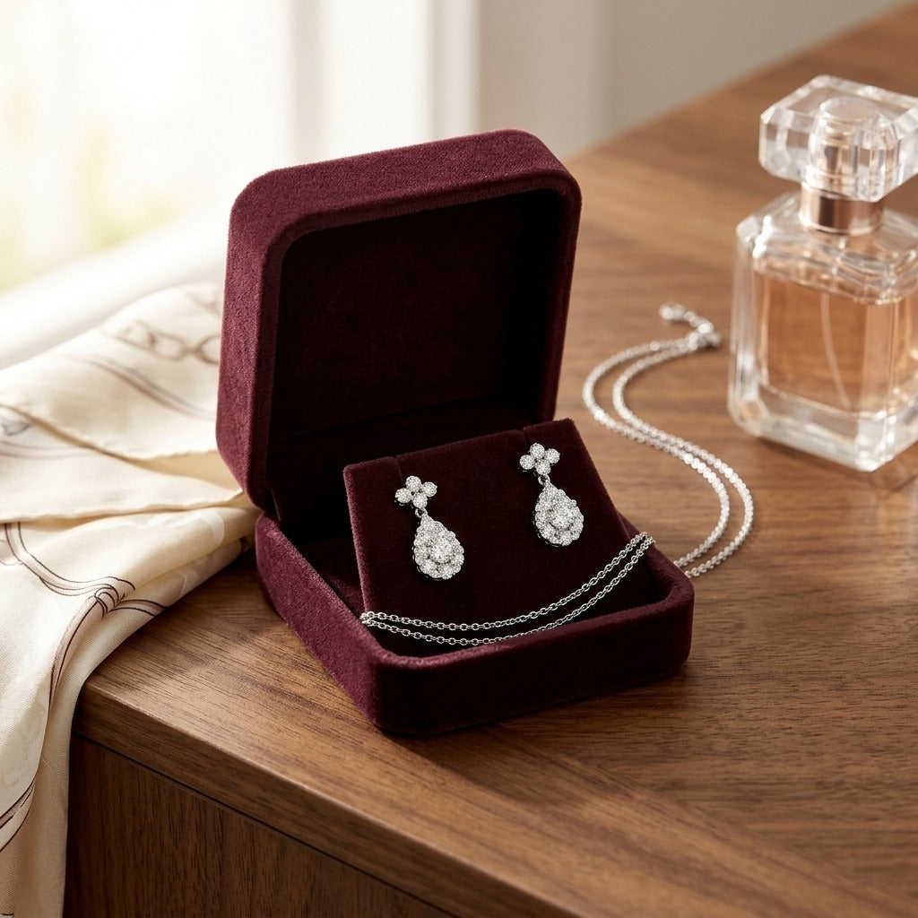 Diamond Cluster Teardrop Necklace with 4-Points Top in 14k White Gold, 16-18 Inch — velvet box