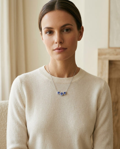 Tanzanite and Diamond Round Halo Trio Necklace in 14k White Gold — portrait close