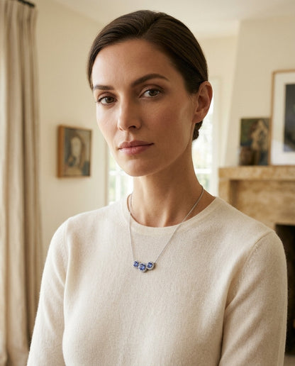 Tanzanite and Diamond Round Halo Trio Necklace in 14k White Gold — portrait full