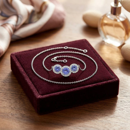 Tanzanite and Diamond Round Halo Trio Necklace in 14k White Gold — velvet box