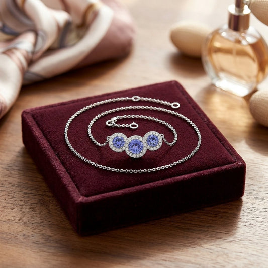 Tanzanite and Diamond Round Halo Trio Necklace in 14k White Gold — velvet box