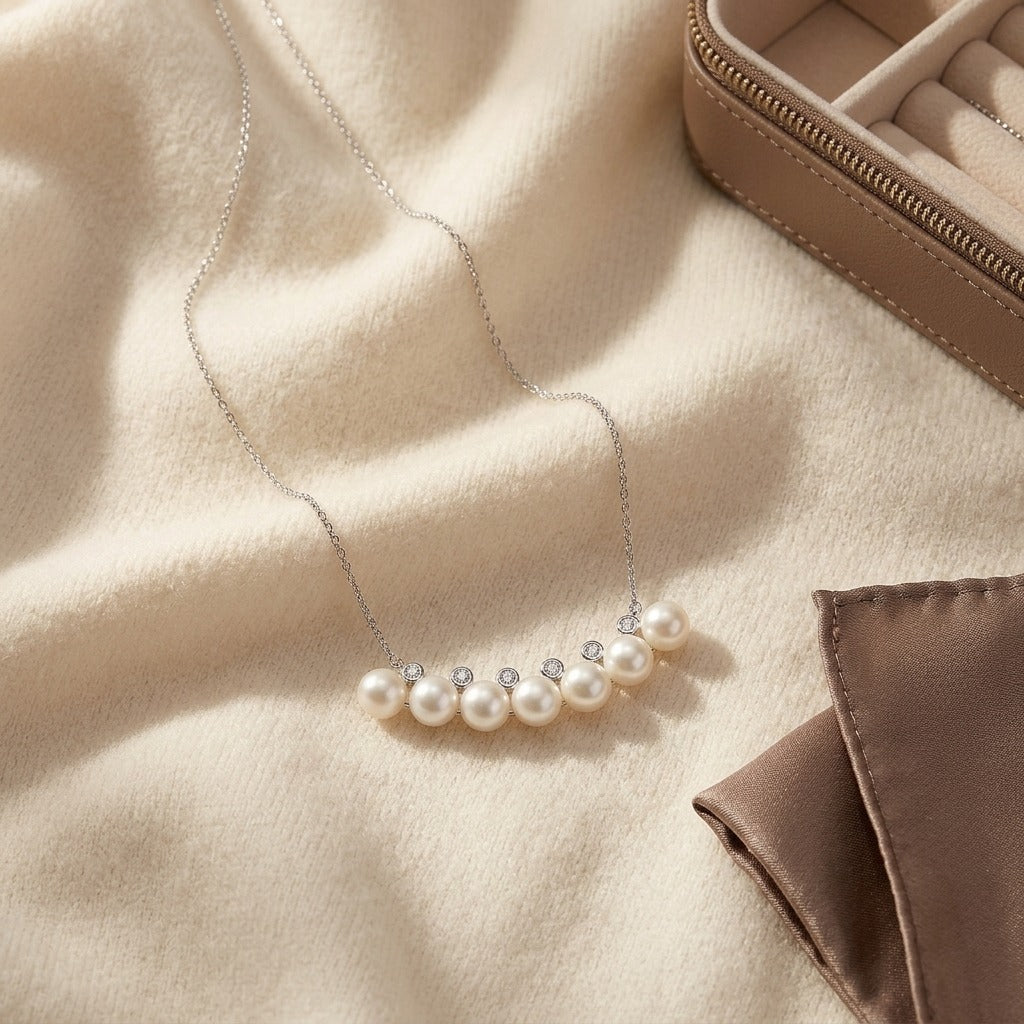 Freshwater Pearl Bar Necklace in 14k White Gold, 16-18 Inch Chain — textile flat lay