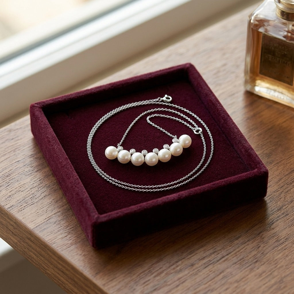 Freshwater Pearl Bar Necklace in 14k White Gold, 16-18 Inch Chain — velvet box