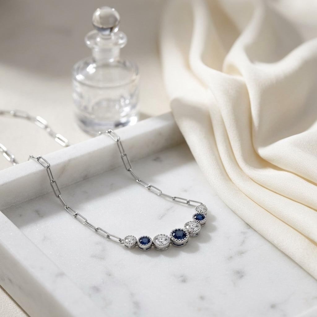 Sapphire And Diamond Graduated 7-stone Necklace With Millgrained Edging In 14k White Gold — atelier still life