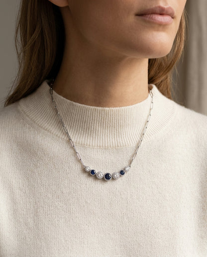 Sapphire And Diamond Graduated 7-stone Necklace With Millgrained Edging In 14k White Gold — editorial close-up