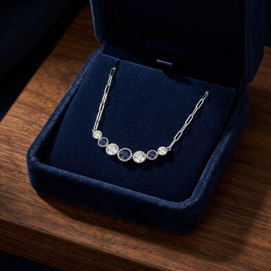Sapphire And Diamond Graduated 7-stone Necklace With Millgrained Edging In 14k White Gold — gift presentation