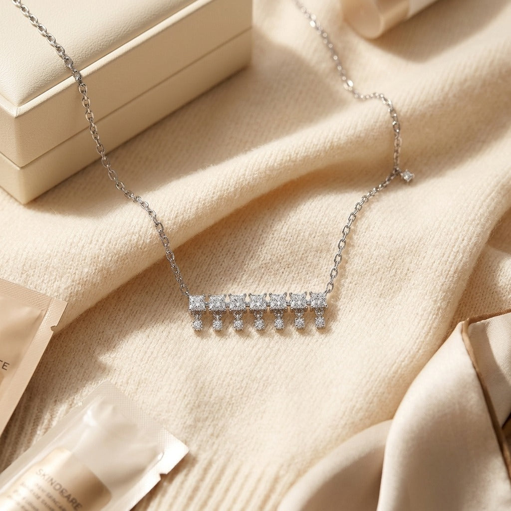 Diamond Princess Cut and Round Fringe Bar Necklace in 14k White Gold, 16-18 Inch Adj Chain — textile flat lay