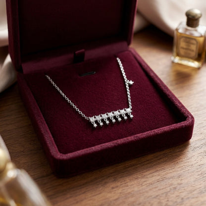 Diamond Princess Cut and Round Fringe Bar Necklace in 14k White Gold, 16-18 Inch Adj Chain — velvet box