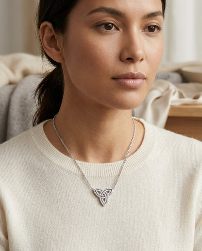 Diamond Trinity Knot Necklace In 14k White Gold 3/8ctw 18 Inch Length — editorial close-up