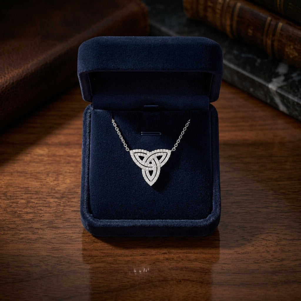 Diamond Trinity Knot Necklace In 14k White Gold 3/8ctw 18 Inch Length — gift presentation