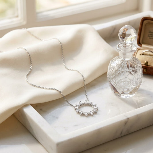 Diamond Sun Ray Necklace In 14k White Gold 3/4ctw, Adjustable 16-18 Inch Length — marble silk