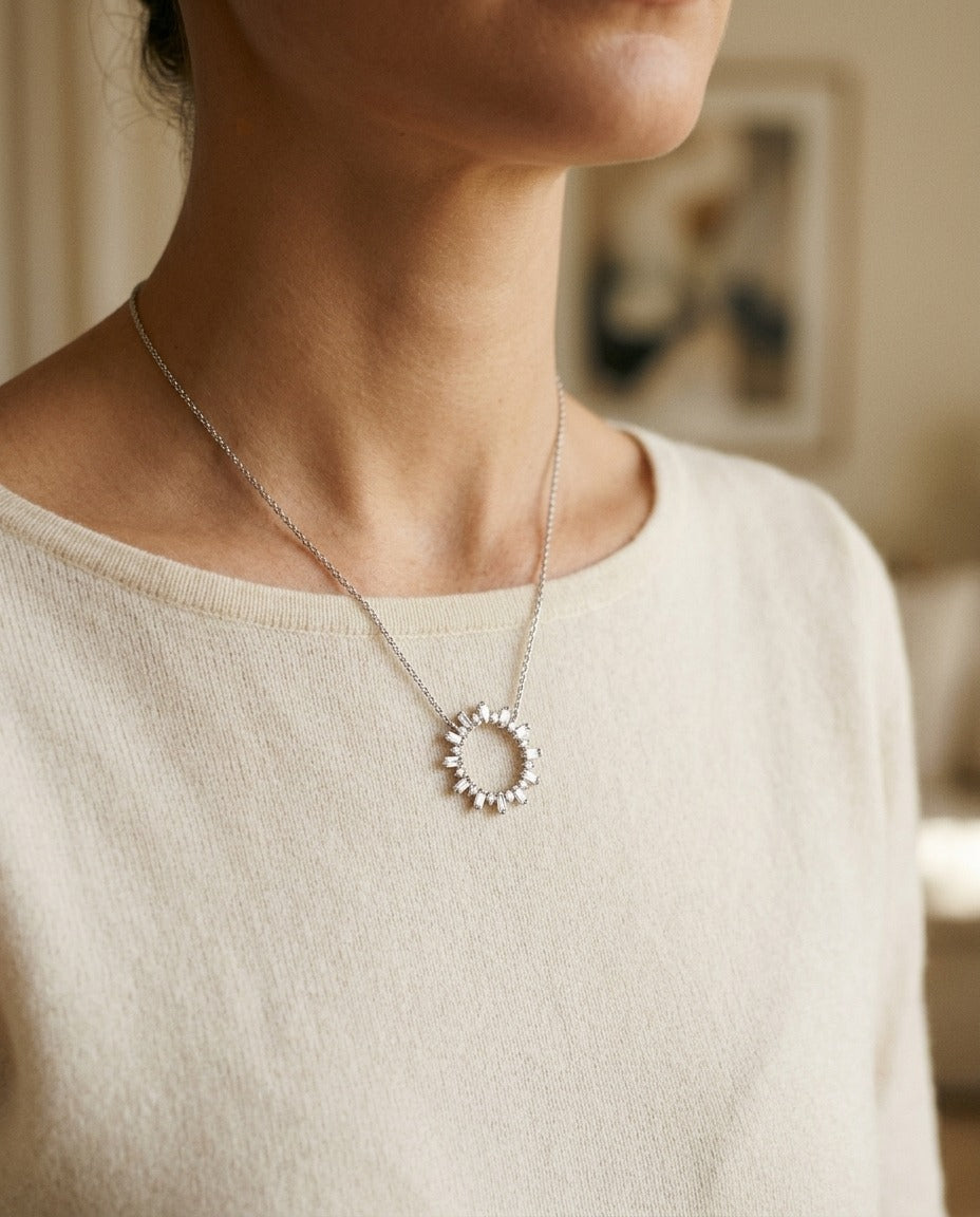 Diamond Sun Ray Necklace In 14k White Gold 3/4ctw, Adjustable 16-18 Inch Length — portrait close