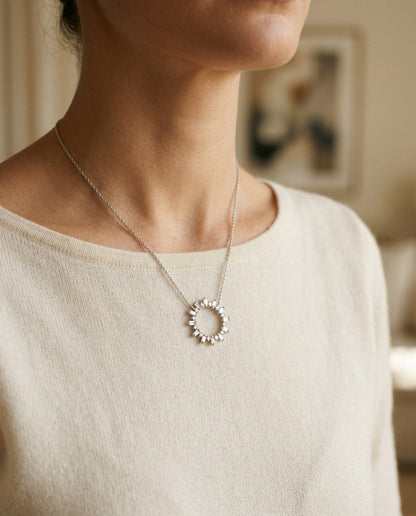 Diamond Sun Ray Necklace In 14k White Gold 3/4ctw, Adjustable 16-18 Inch Length — portrait close