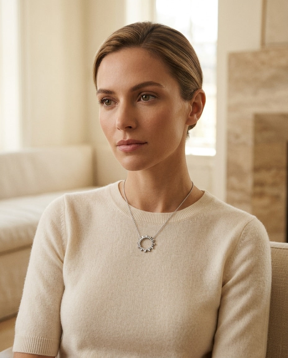 Diamond Sun Ray Necklace In 14k White Gold 3/4ctw, Adjustable 16-18 Inch Length — portrait full