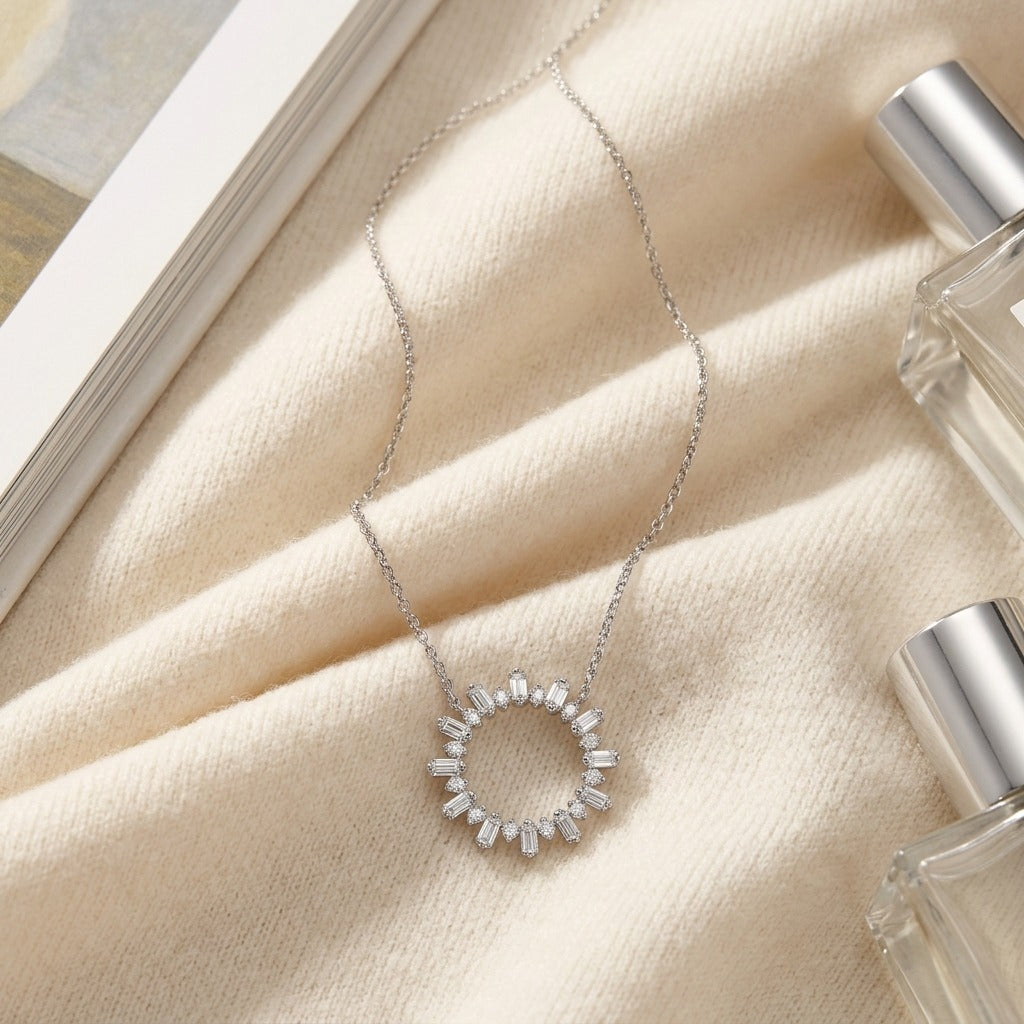 Diamond Sun Ray Necklace In 14k White Gold 3/4ctw, Adjustable 16-18 Inch Length — textile flat lay