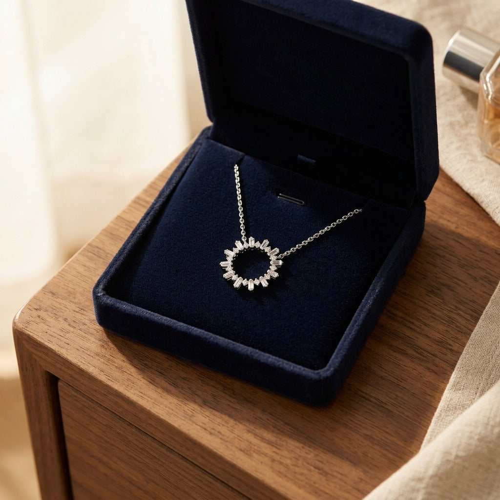 Diamond Sun Ray Necklace In 14k White Gold 3/4ctw, Adjustable 16-18 Inch Length — velvet box