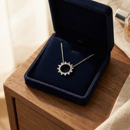 Diamond Sun Ray Necklace In 14k White Gold 3/4ctw, Adjustable 16-18 Inch Length — velvet box