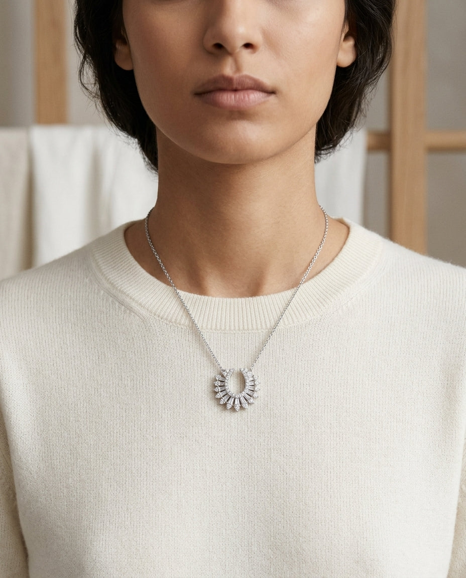 Round 3/8ctw & 1/3ctw Baguette Diamond Necklace with 16-18 Adj Chain Set in 14K White Gold - editorial hero