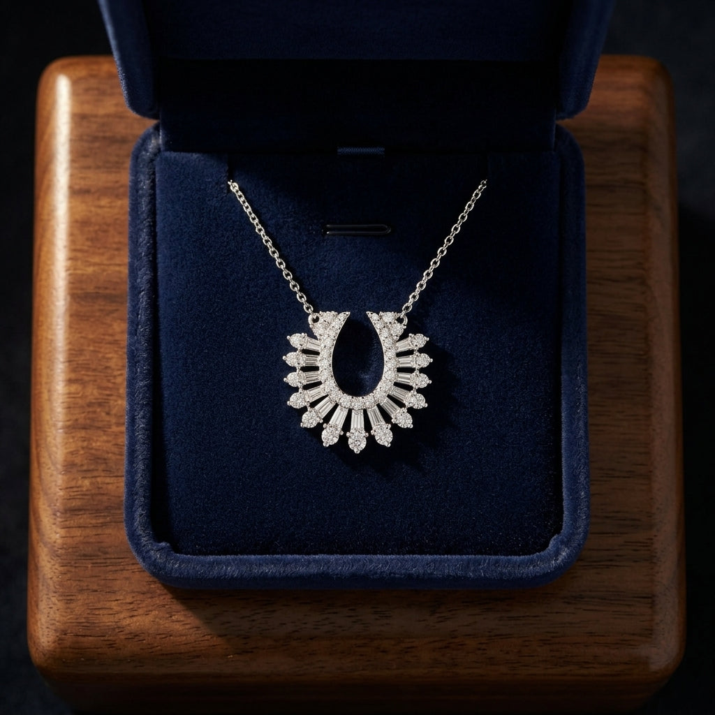 Round 3/8ctw & 1/3ctw Baguette Diamond Necklace with 16-18 Adj Chain Set in 14K White Gold - presentation