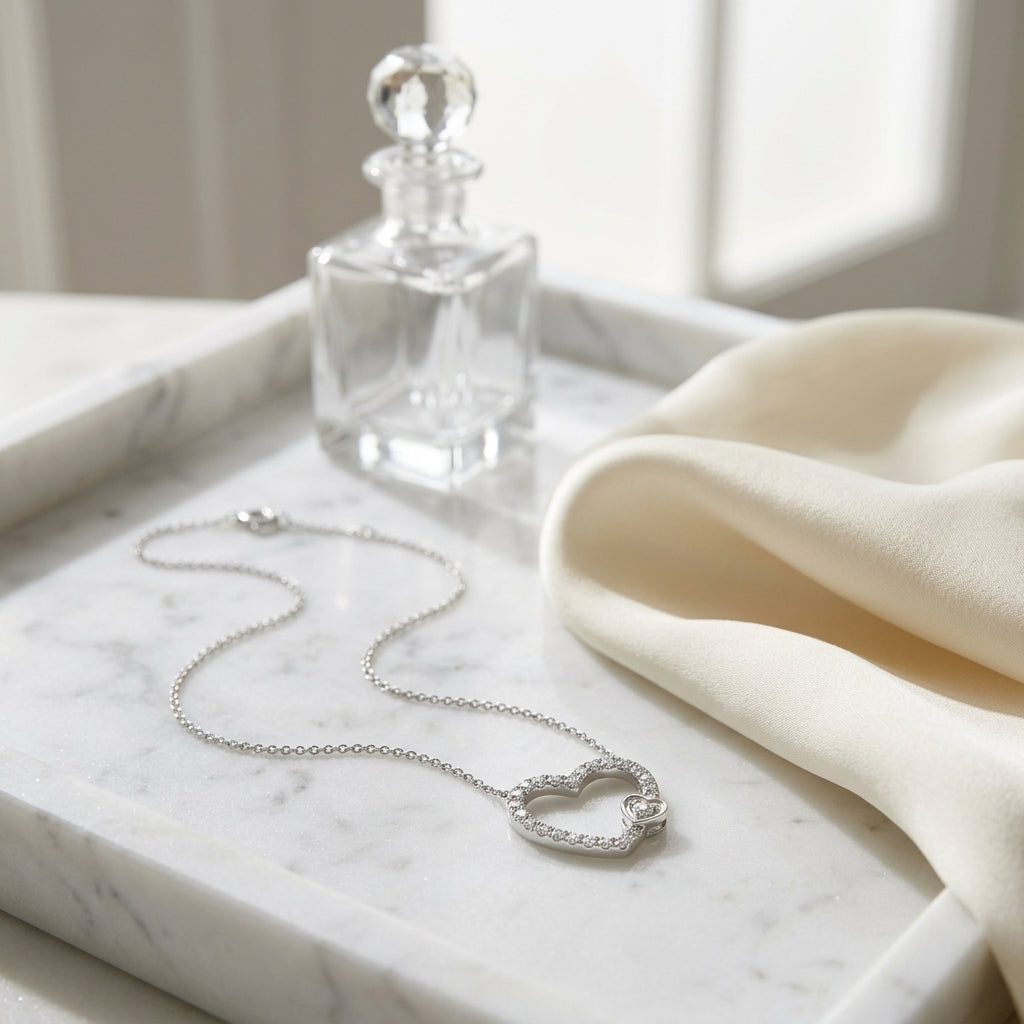 Diamond 1/2ctw Heart Necklace with 16/18 Adj Chain Set in 14K White Gold - lifestyle