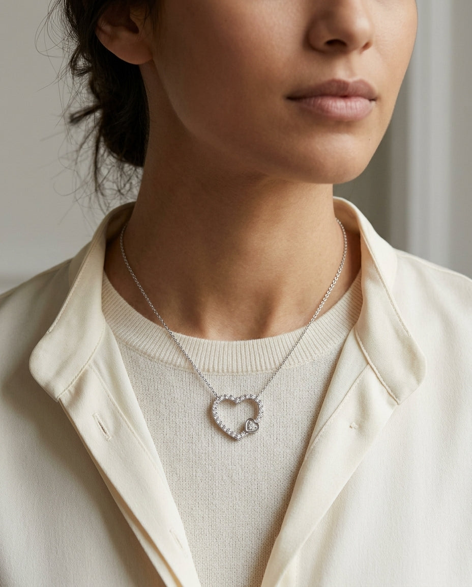 Diamond 1/2ctw Heart Necklace with 16/18 Adj Chain Set in 14K White Gold - editorial hero
