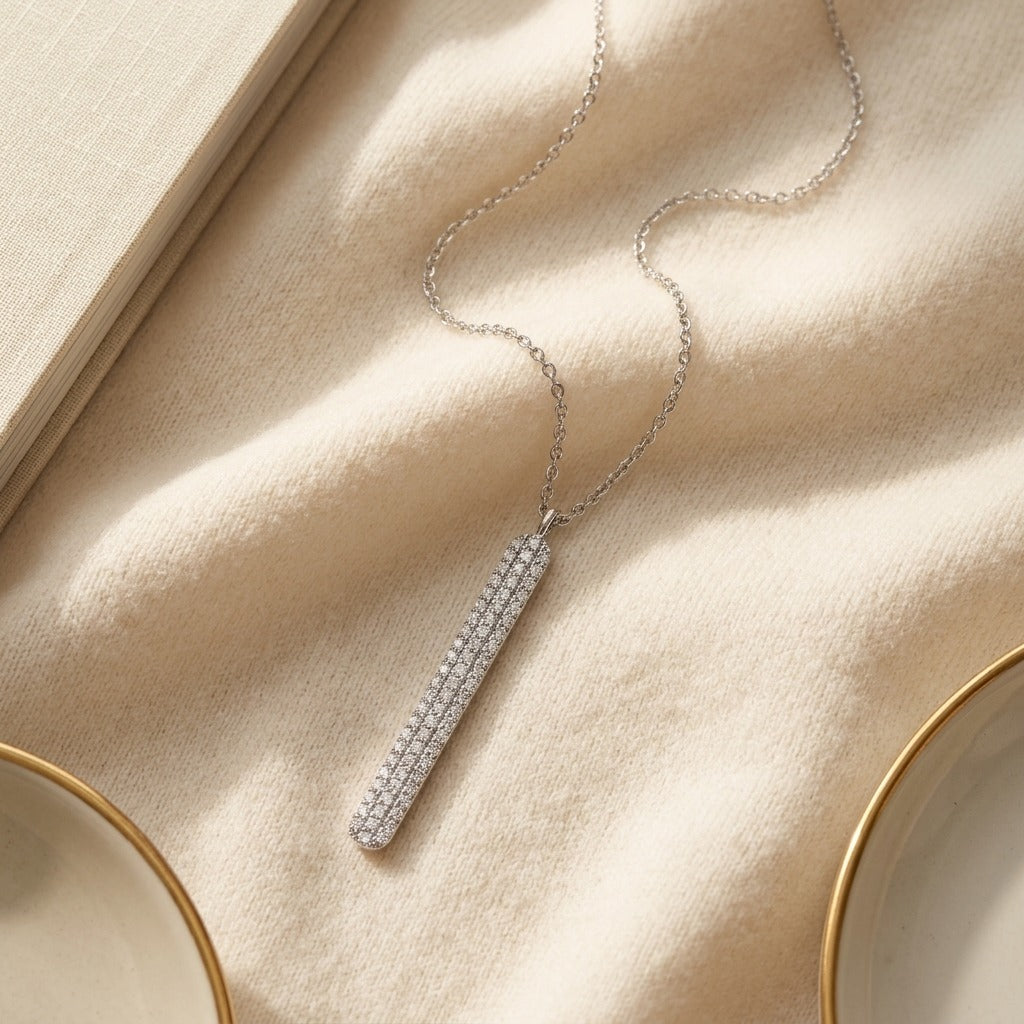 Diamond 1/3ctw Necklace Set in 14k White Gold 16-18 Adj Chain — textile flat lay