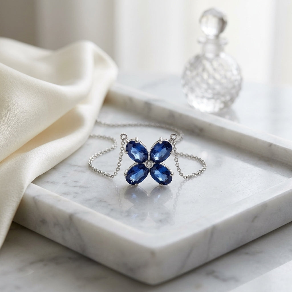 Blue Sapphire & Diamond Necklace Set in 14K White Gold - editorial hero