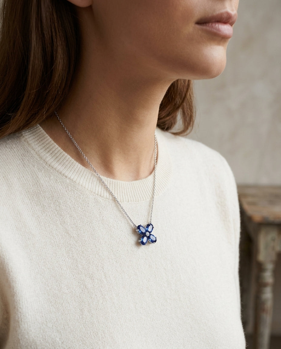 Blue Sapphire & Diamond Necklace Set in 14K White Gold - lifestyle
