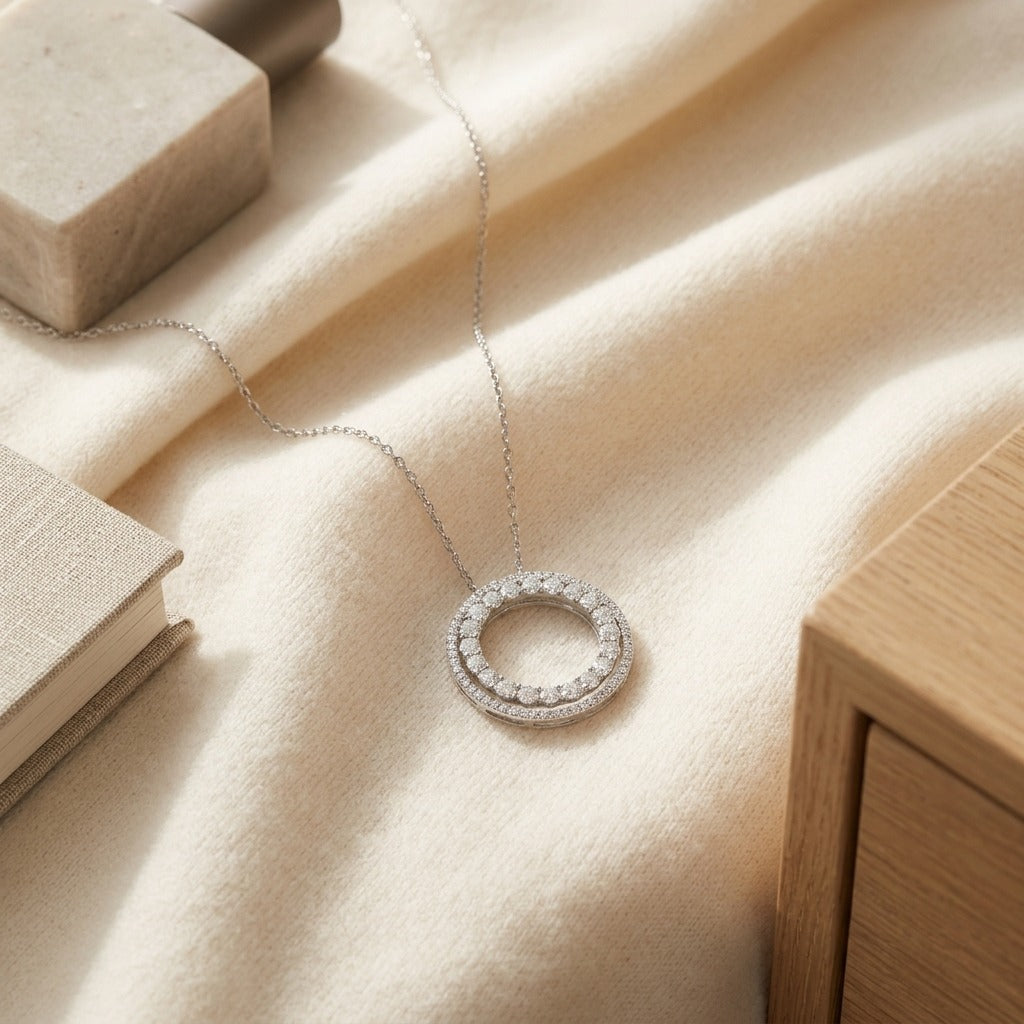 Diamond Double Halo 3-Way Necklace in 14 Karat White Gold 1-9/10ctw Adjustable 16-17-18 Inch — textile flat lay
