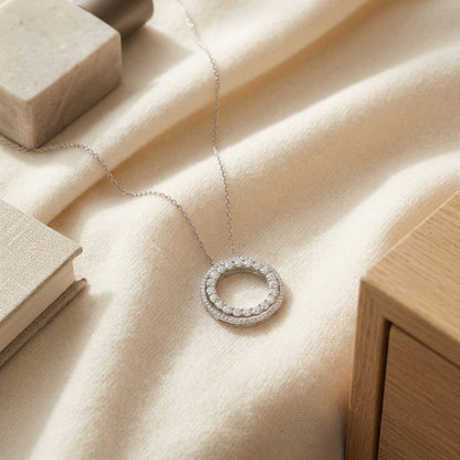 Diamond Double Halo 3-Way Necklace in 14 Karat White Gold 1-9/10ctw Adjustable 16-17-18 Inch — textile flat lay