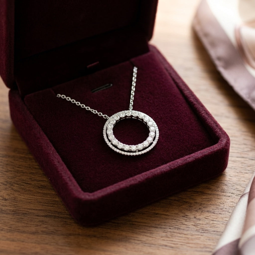 Diamond Double Halo 3-Way Necklace in 14 Karat White Gold 1-9/10ctw Adjustable 16-17-18 Inch — velvet box