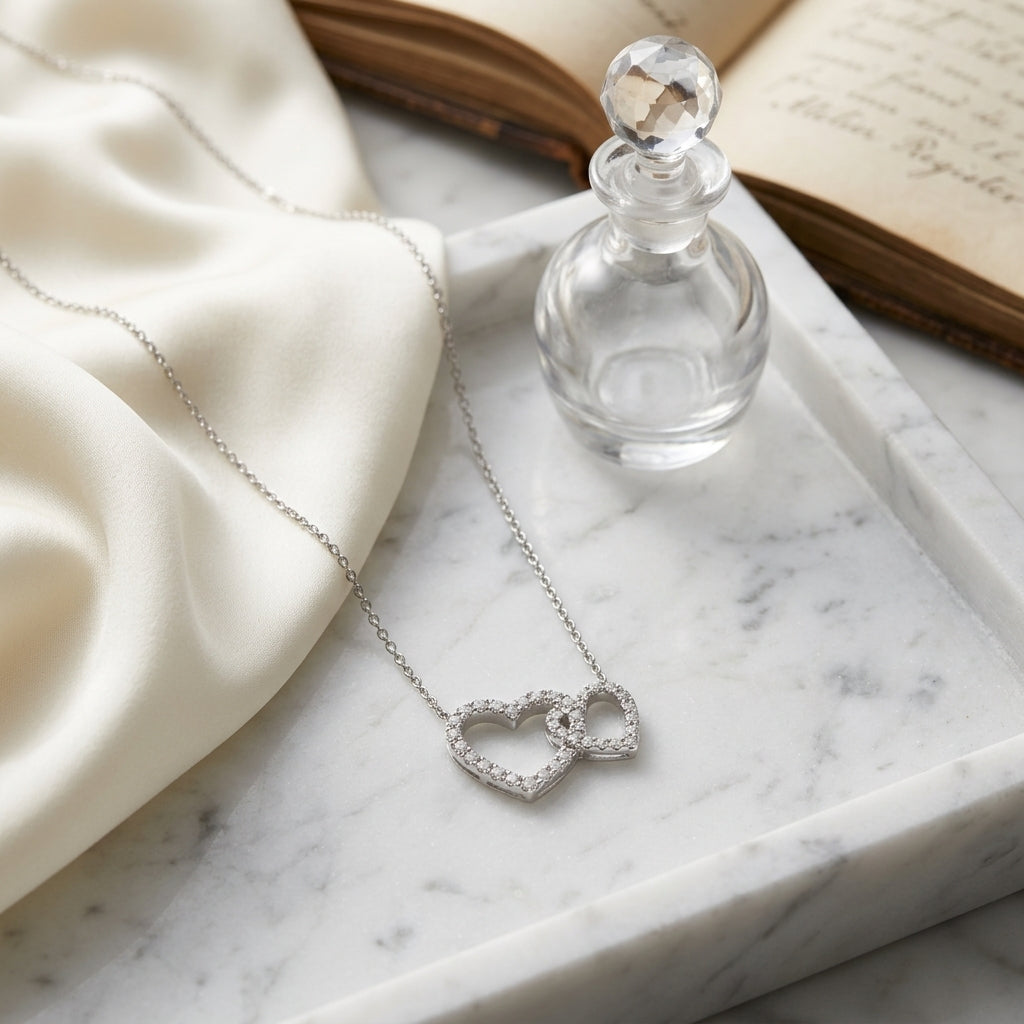Diamond Interlocking Heart Necklace in 14 Karat White Gold 1/3ctw Adjustable 16-17-18 Inch in 14K White Gold - lifestyle