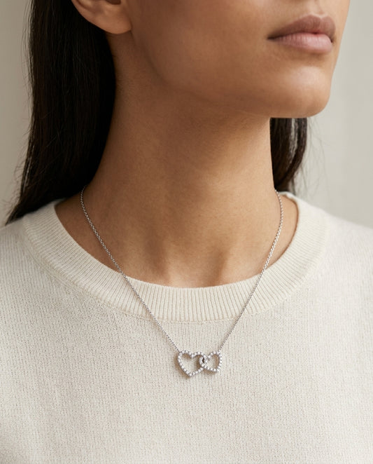 Diamond Interlocking Heart Necklace in 14 Karat White Gold 1/3ctw Adjustable 16-17-18 Inch in 14K White Gold - editorial hero