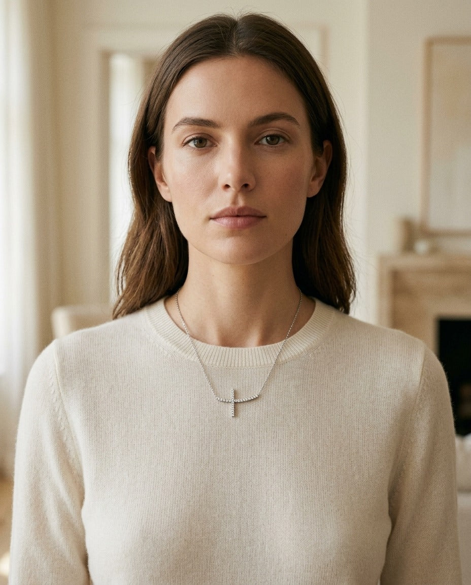 Diamond Sideways Cross Necklace in 14k White Gold 18 Inch Length — portrait close