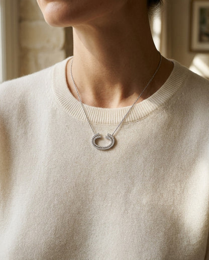 Diamond Crescent Necklace in 14k White Gold 1/4ctw Adjustable 16-17-18 Inch — portrait close