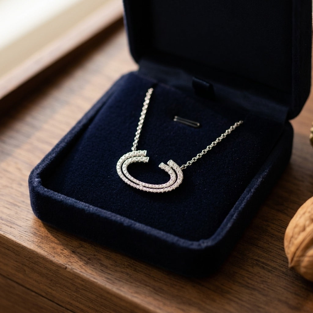 Diamond Crescent Necklace in 14k White Gold 1/4ctw Adjustable 16-17-18 Inch — velvet box