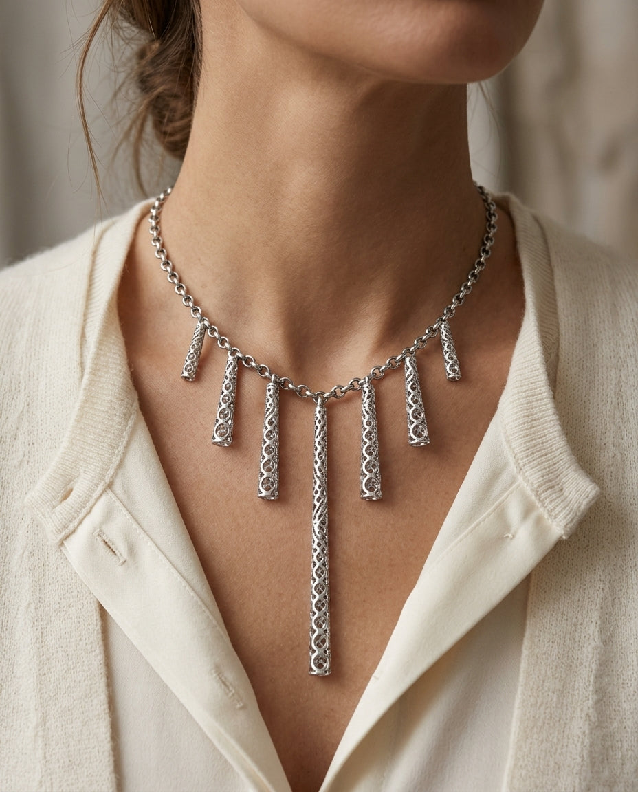 Diamond Dangle Stick Necklace 1/3ctw Adjustable 16-17-18 Inch in 14K White Gold - lifestyle