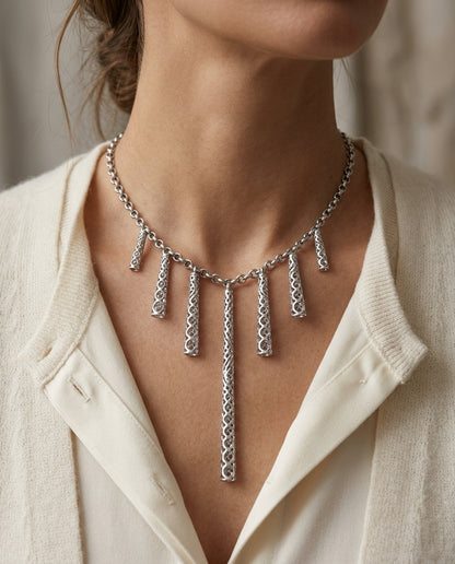 Diamond Dangle Stick Necklace 1/3ctw Adjustable 16-17-18 Inch in 14K White Gold - lifestyle