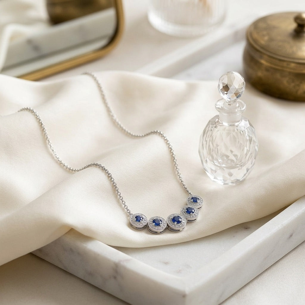 Sapphire and Diamond Five Section Graduated Halo Curved Necklace in 14k White Gold — marble silk