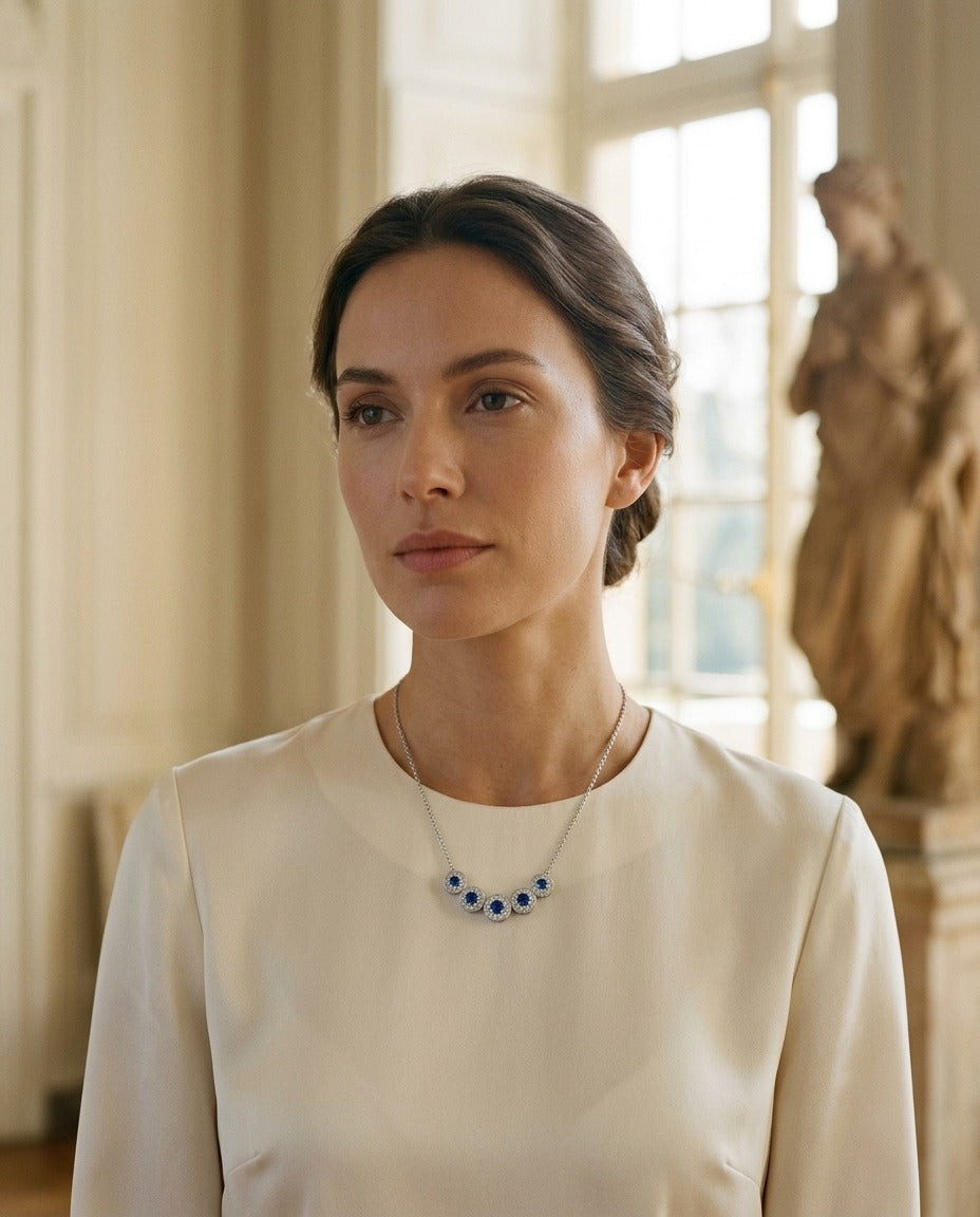 Sapphire and Diamond Five Section Graduated Halo Curved Necklace in 14k White Gold — portrait close