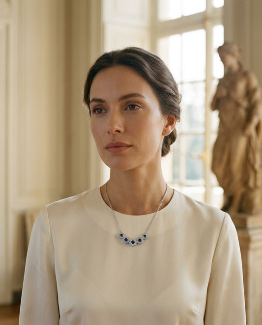 Sapphire and Diamond Five Section Graduated Halo Curved Necklace in 14k White Gold — portrait close