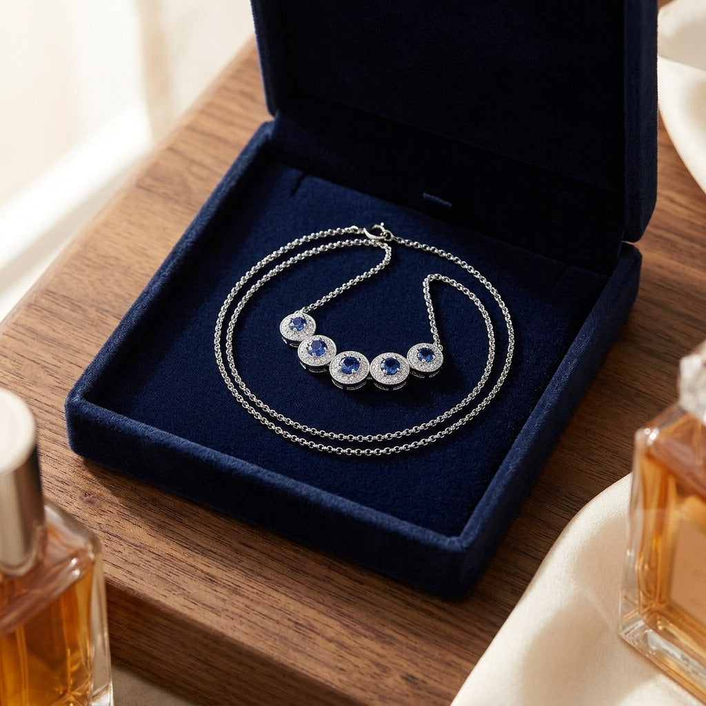 Sapphire and Diamond Five Section Graduated Halo Curved Necklace in 14k White Gold — velvet box