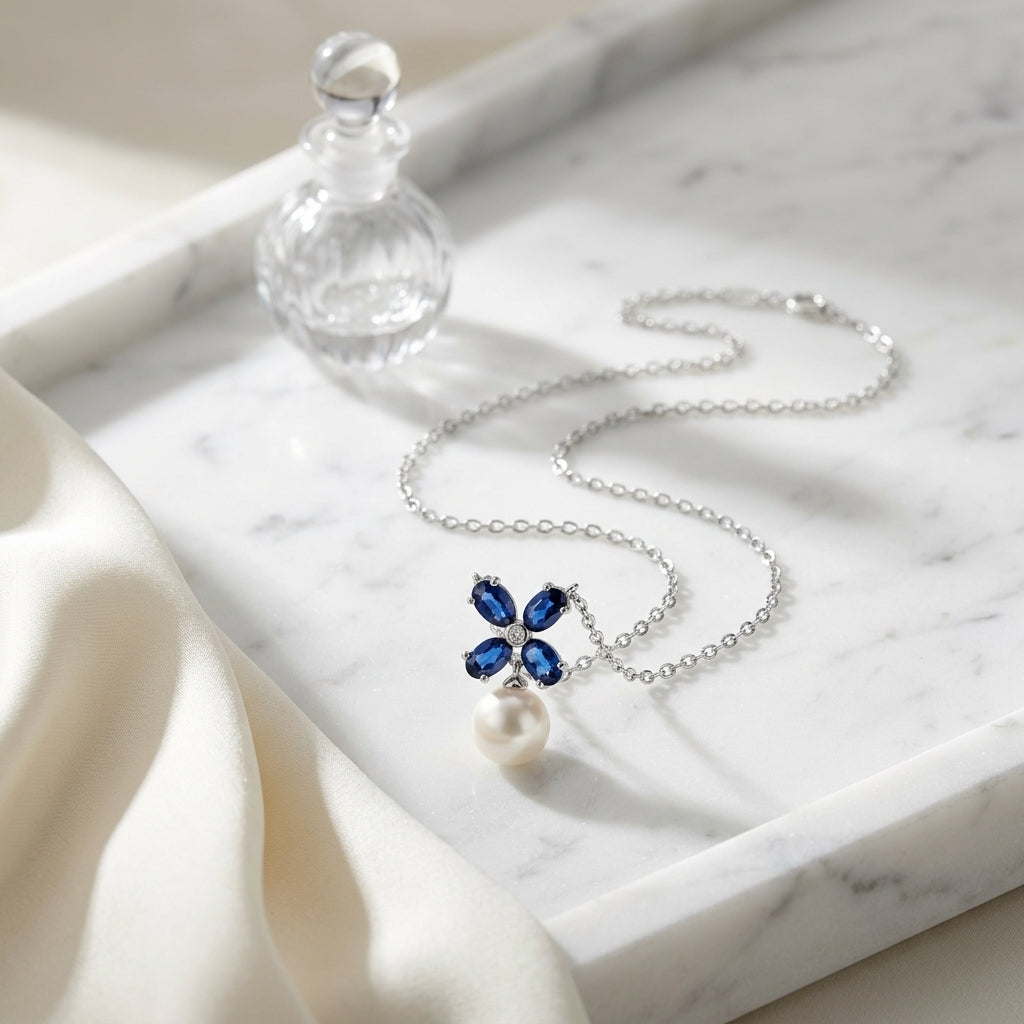 Freshwater Pearl Blue Sapphire & Diamond Floral Necklace in 14K White Gold - lifestyle