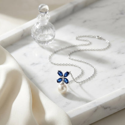 Freshwater Pearl Blue Sapphire & Diamond Floral Necklace in 14K White Gold - lifestyle