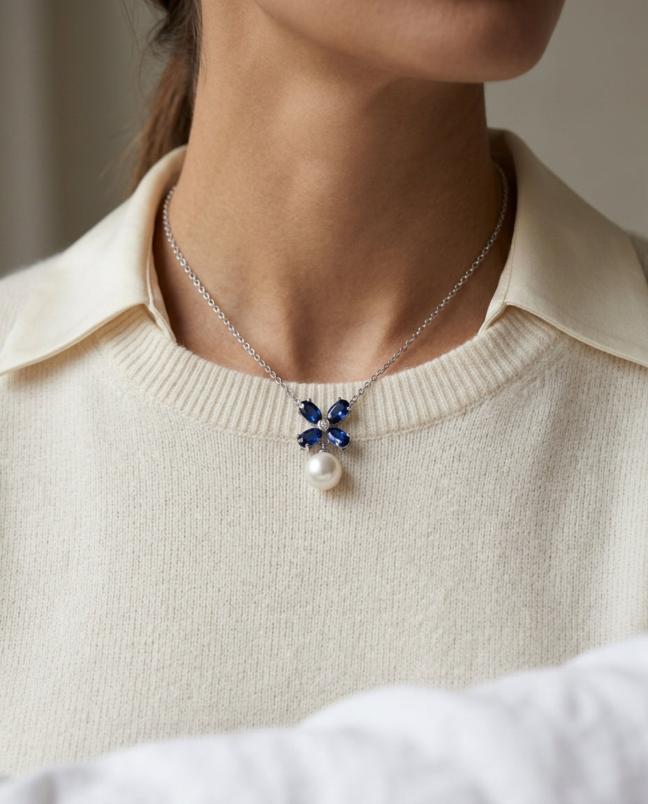 Freshwater Pearl Blue Sapphire & Diamond Floral Necklace in 14K White Gold - editorial hero